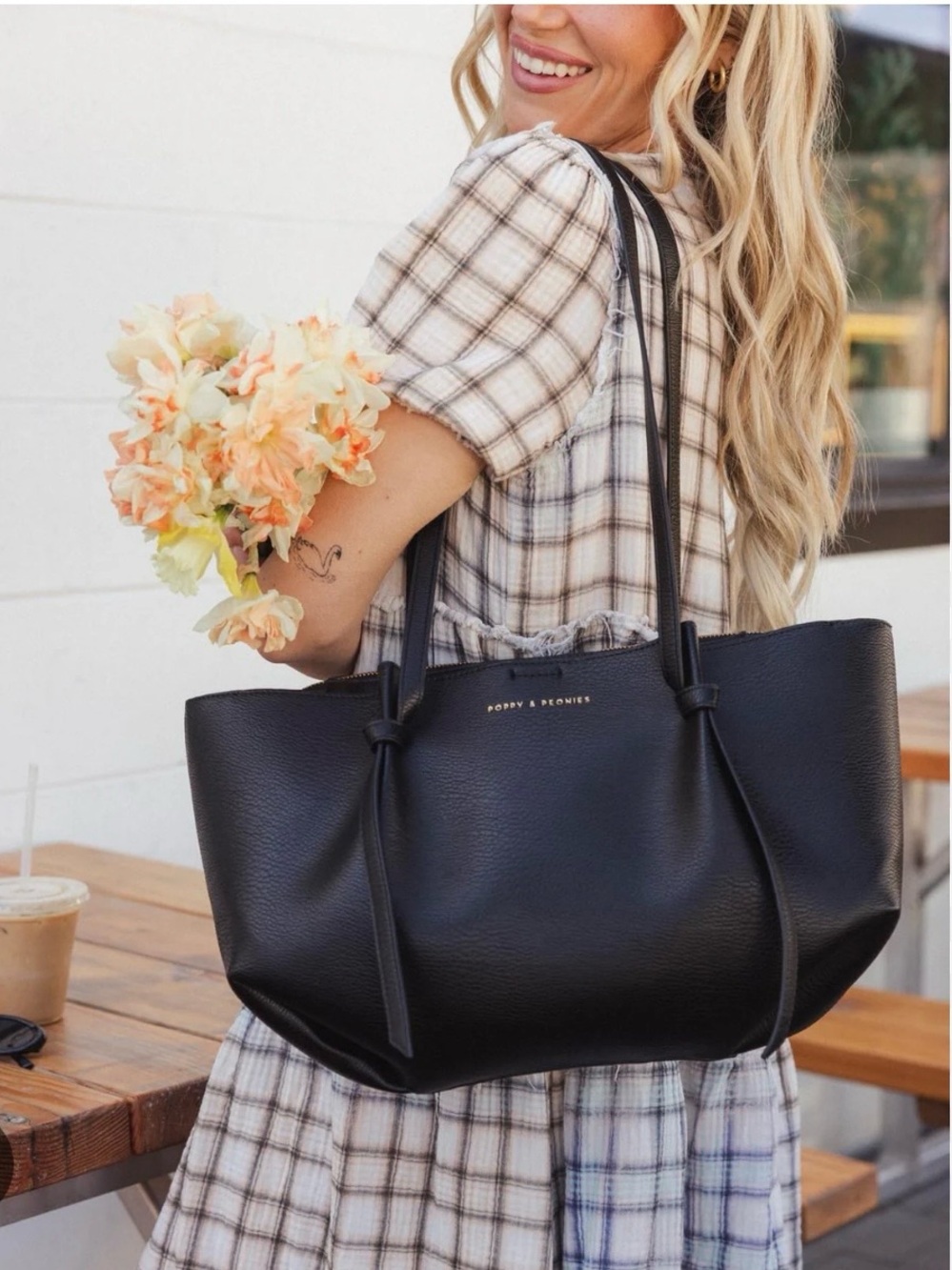 Poppy & Peonies Etta tote. Black Pebbled Leather Tote with Knot-Strap Handles